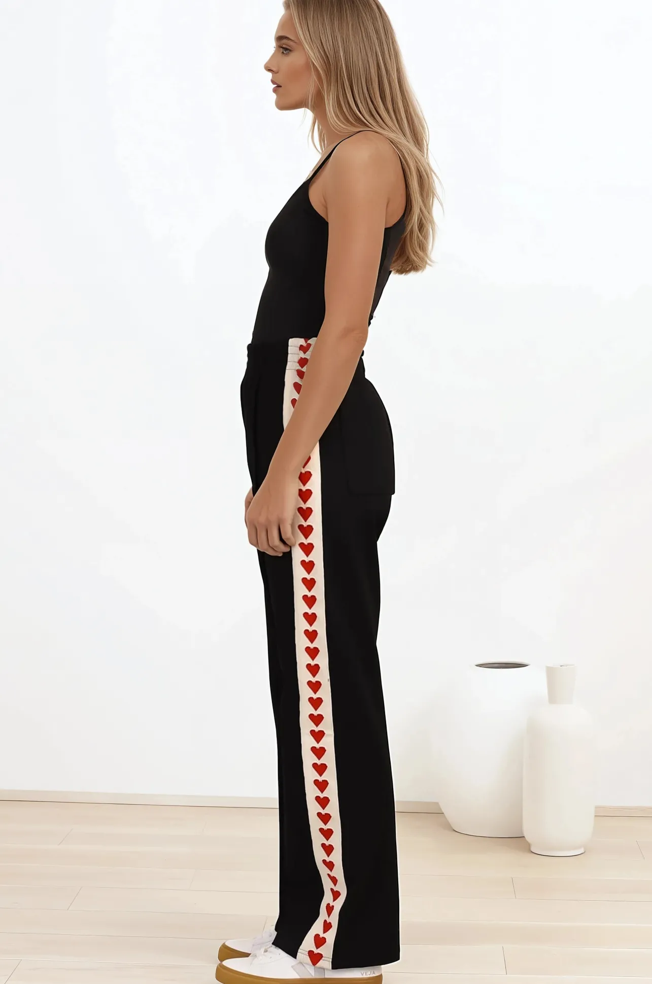 Shanty Pants - High Waisted Straight Leg Pants with Heart Side Strip in Black>Salty Crush Best