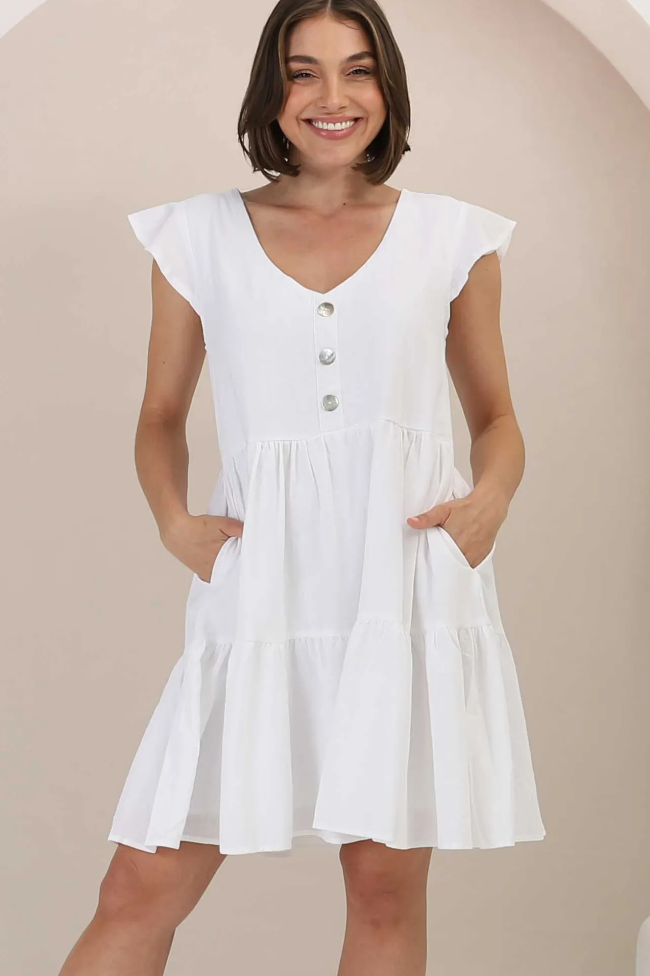 Sharie Mini Dress - Sweet Tiered Cap Sleeve Dress with Pockets in White>Salty Crush Discount
