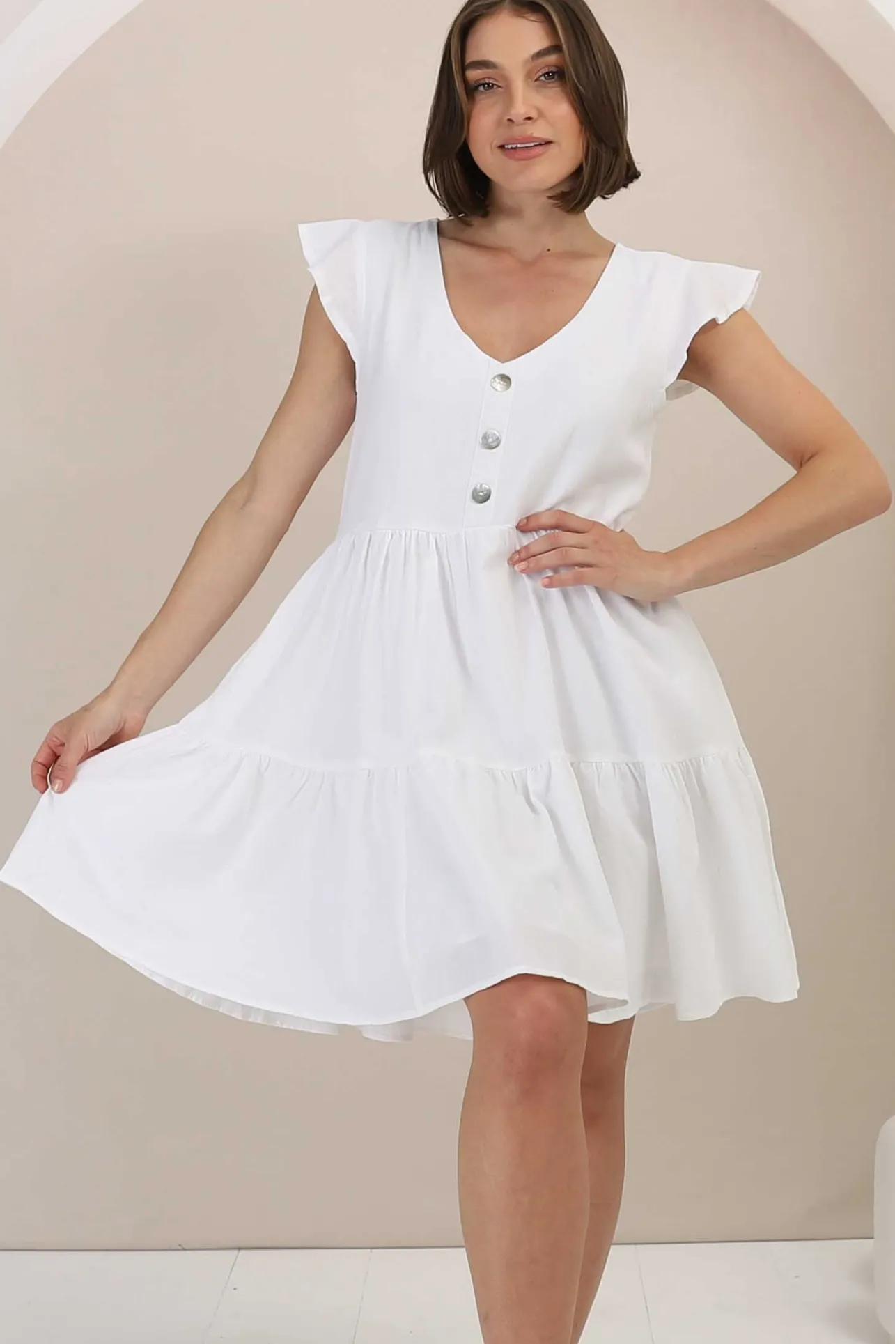 Sharie Mini Dress - Sweet Tiered Cap Sleeve Dress with Pockets in White>Salty Crush Discount