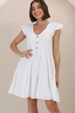 Sharie Mini Dress - Sweet Tiered Cap Sleeve Dress with Pockets in White><noscript><img width=