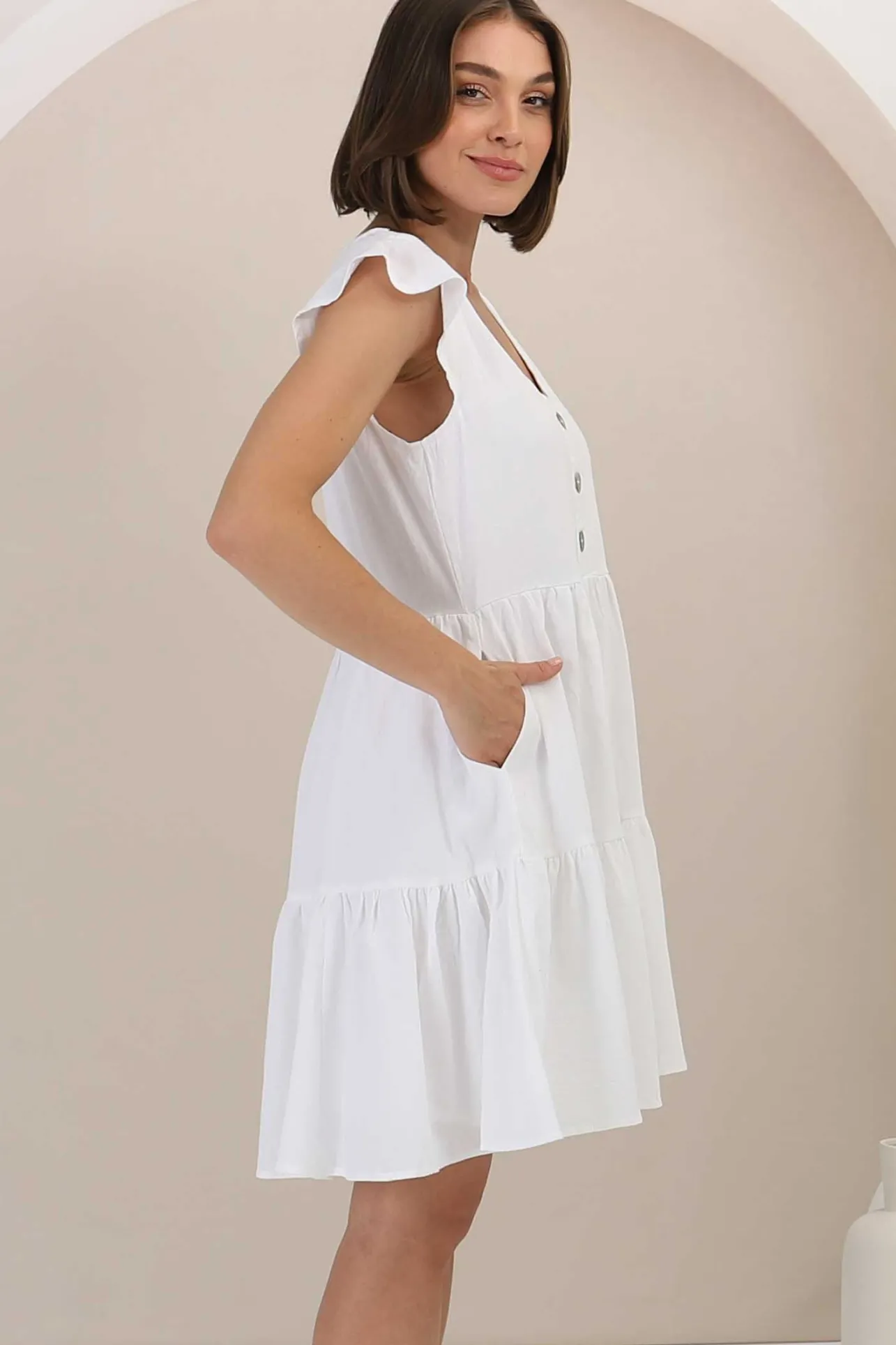 Sharie Mini Dress - Sweet Tiered Cap Sleeve Dress with Pockets in White>Salty Crush Discount