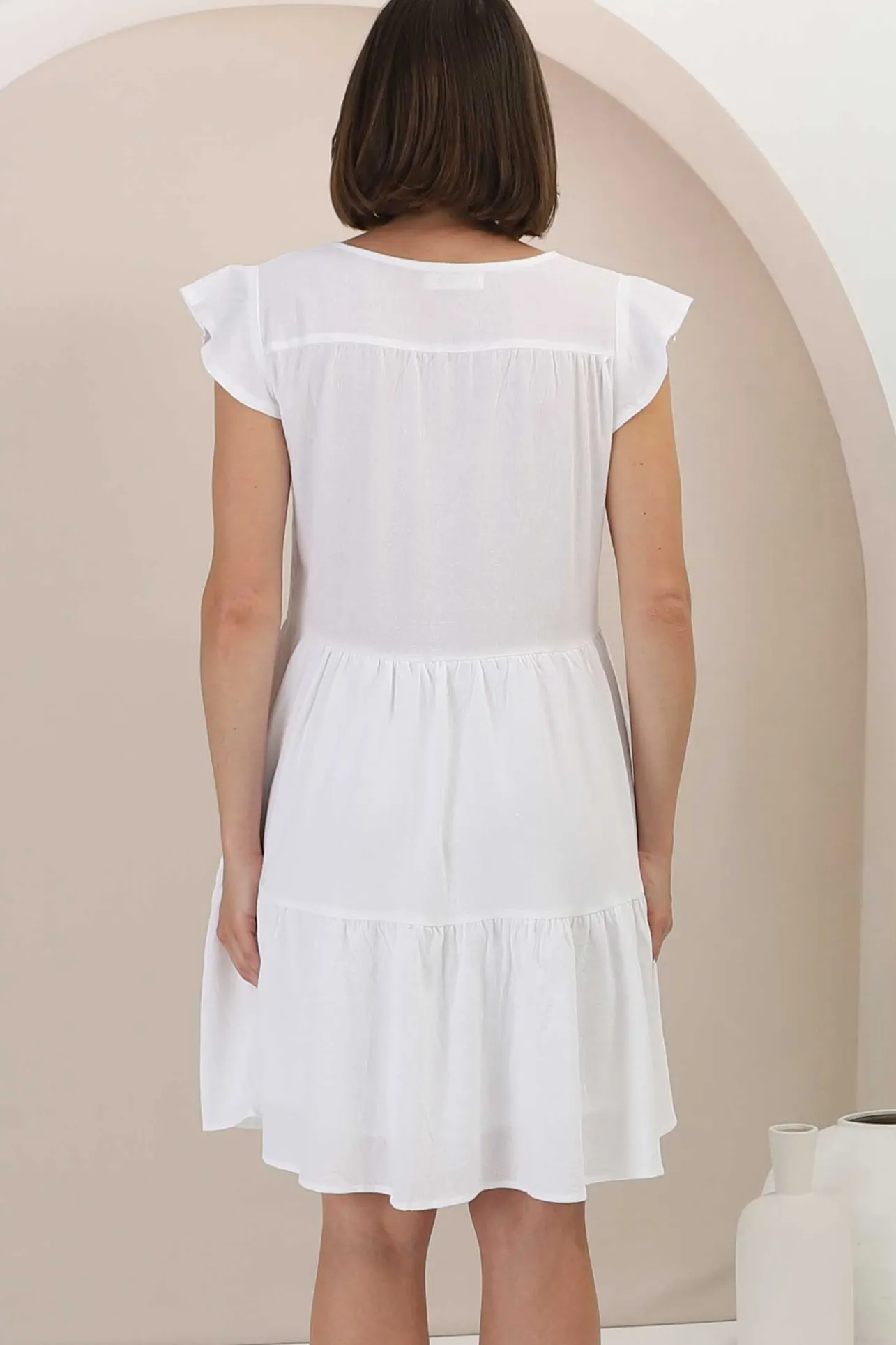 Sharie Mini Dress - Sweet Tiered Cap Sleeve Dress with Pockets in White>Salty Crush Discount