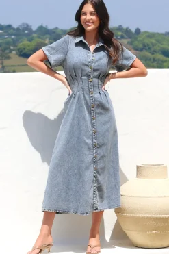 Sharlan Midi Dress - A-Line Button Detailed Denim Dress in Mid Denim Wash>Salty Crush New