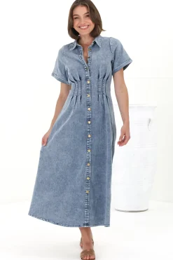 Sharlan Midi Dress - A-Line Button Detailed Denim Dress in Mid Denim Wash><noscript><img width=