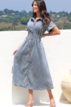 Sharlan Midi Dress - A-Line Button Detailed Denim Dress in Mid Denim Wash><noscript><img width=