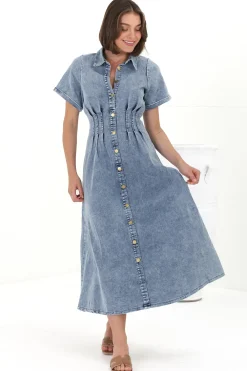 Sharlan Midi Dress - A-Line Button Detailed Denim Dress in Mid Denim Wash><noscript><img width=