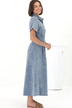 Sharlan Midi Dress - A-Line Button Detailed Denim Dress in Mid Denim Wash><noscript><img width=