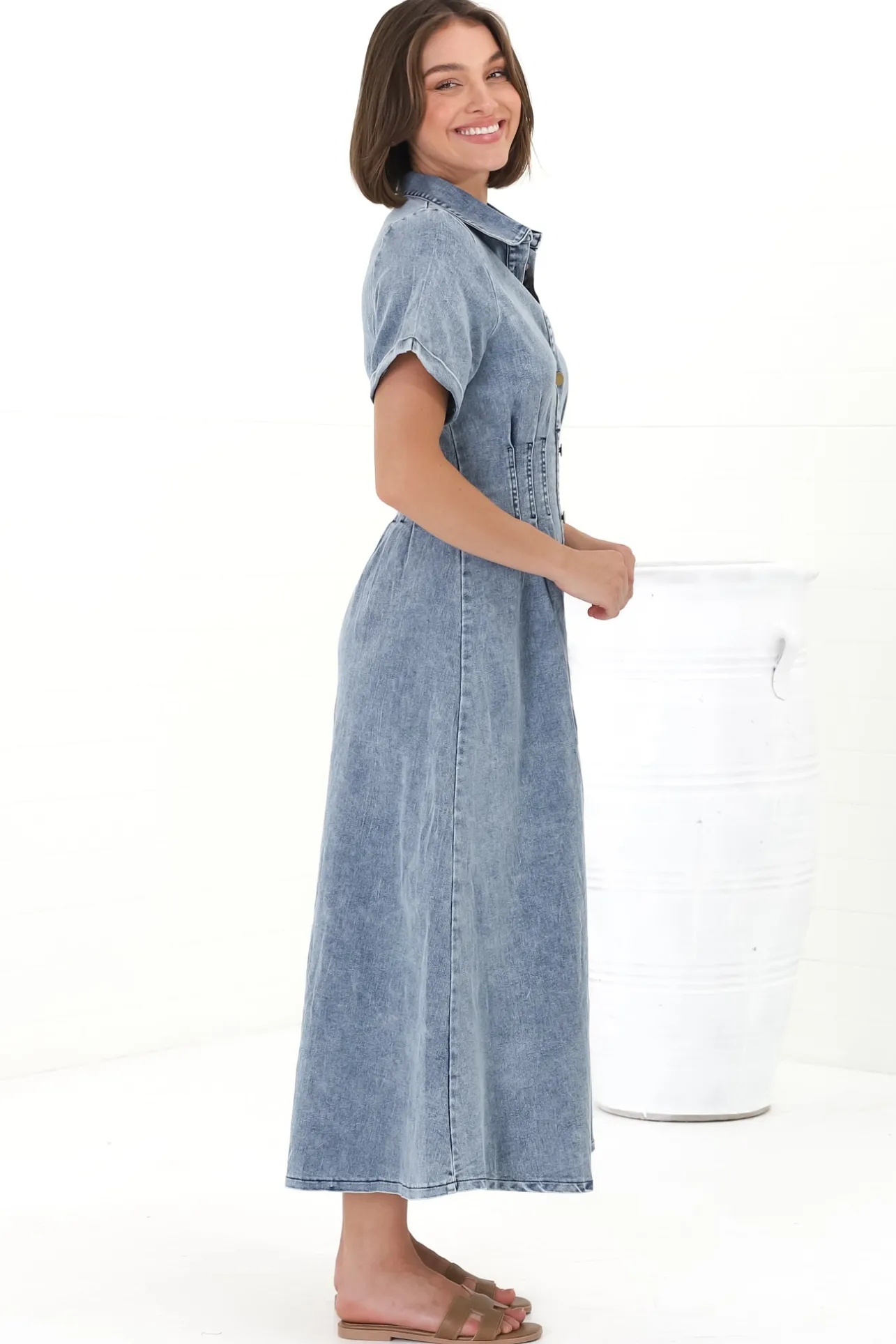 Sharlan Midi Dress - A-Line Button Detailed Denim Dress in Mid Denim Wash>Salty Crush New