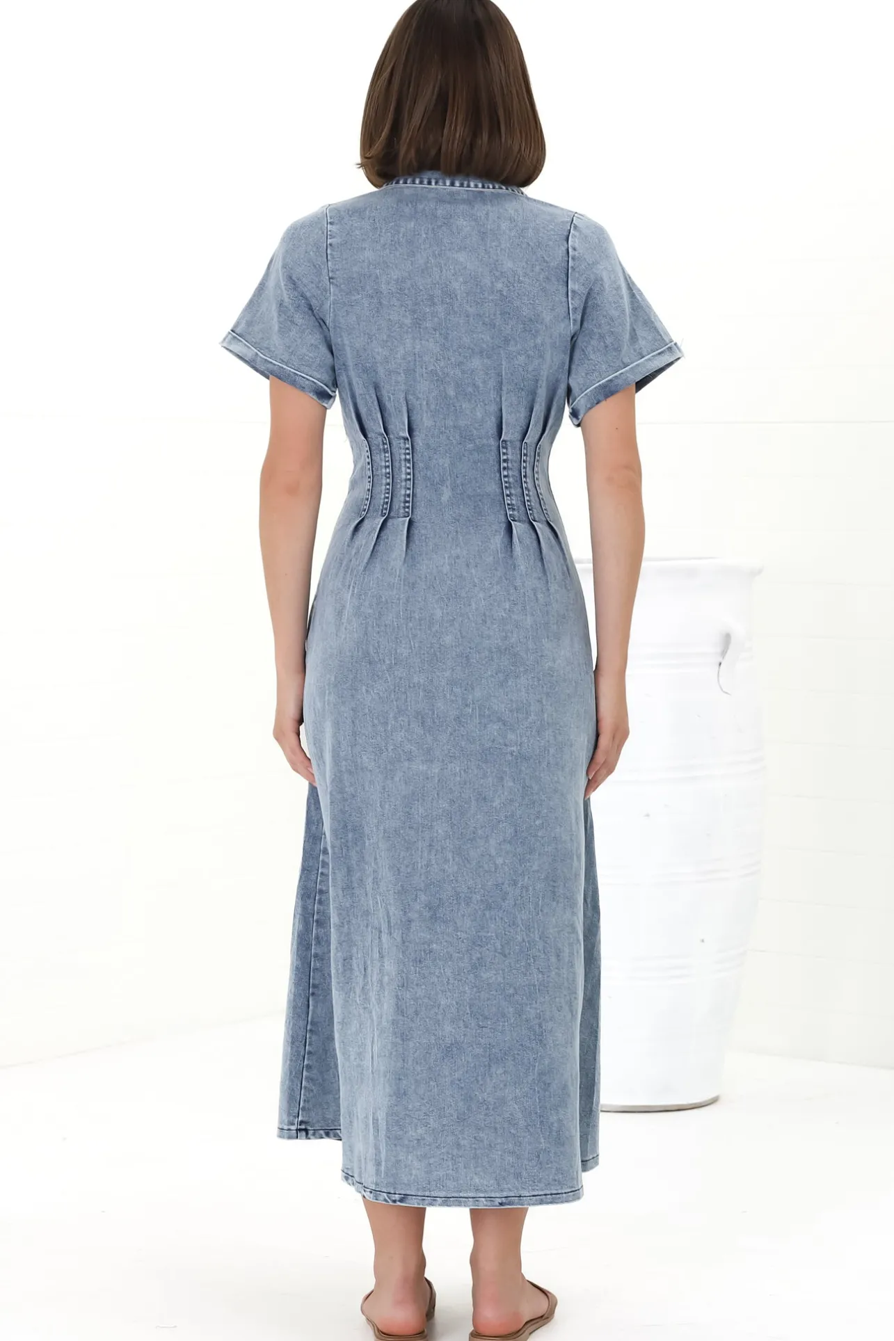 Sharlan Midi Dress - A-Line Button Detailed Denim Dress in Mid Denim Wash>Salty Crush New
