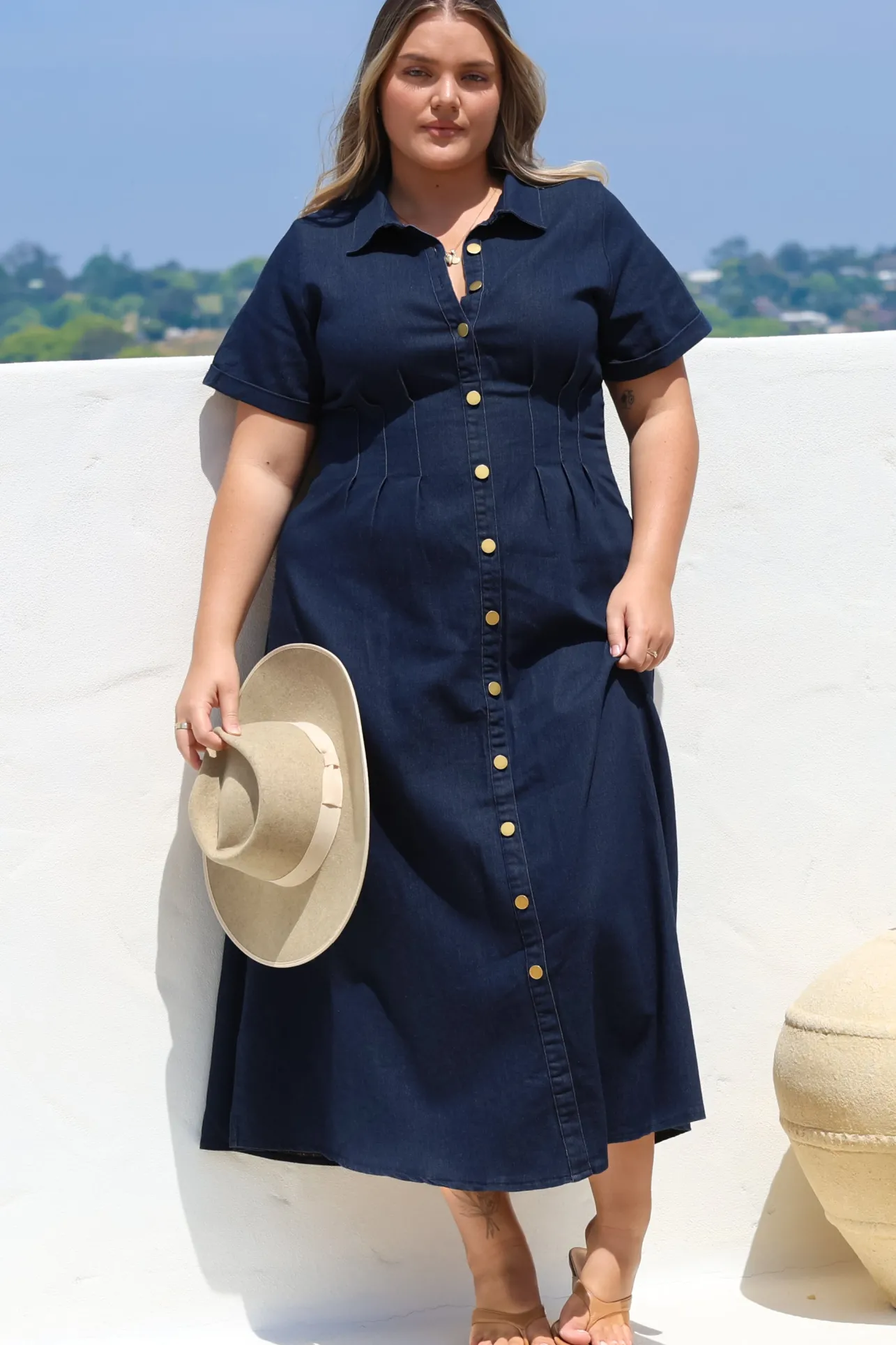 Sharlan Midi Dress - A-Line Button Detailed Denim Dress in Dark Denim>Salty Crush Clearance