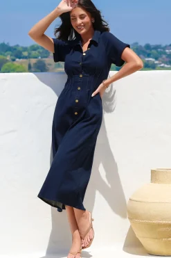 Sharlan Midi Dress - A-Line Button Detailed Denim Dress in Dark Denim><noscript><img width=