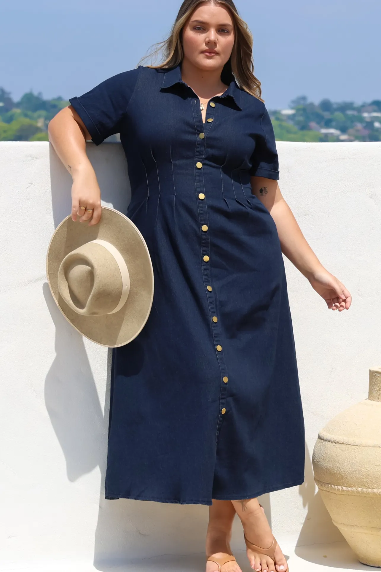 Sharlan Midi Dress - A-Line Button Detailed Denim Dress in Dark Denim>Salty Crush Clearance