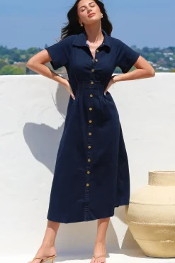 Sharlan Midi Dress - A-Line Button Detailed Denim Dress in Dark Denim><noscript><img width=