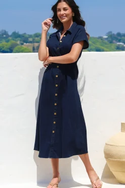 Sharlan Midi Dress - A-Line Button Detailed Denim Dress in Dark Denim><noscript><img width=