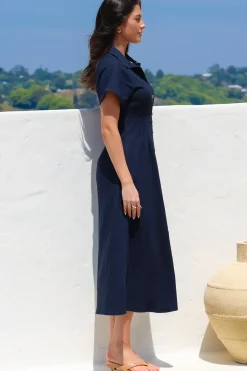 Sharlan Midi Dress - A-Line Button Detailed Denim Dress in Dark Denim><noscript><img width=