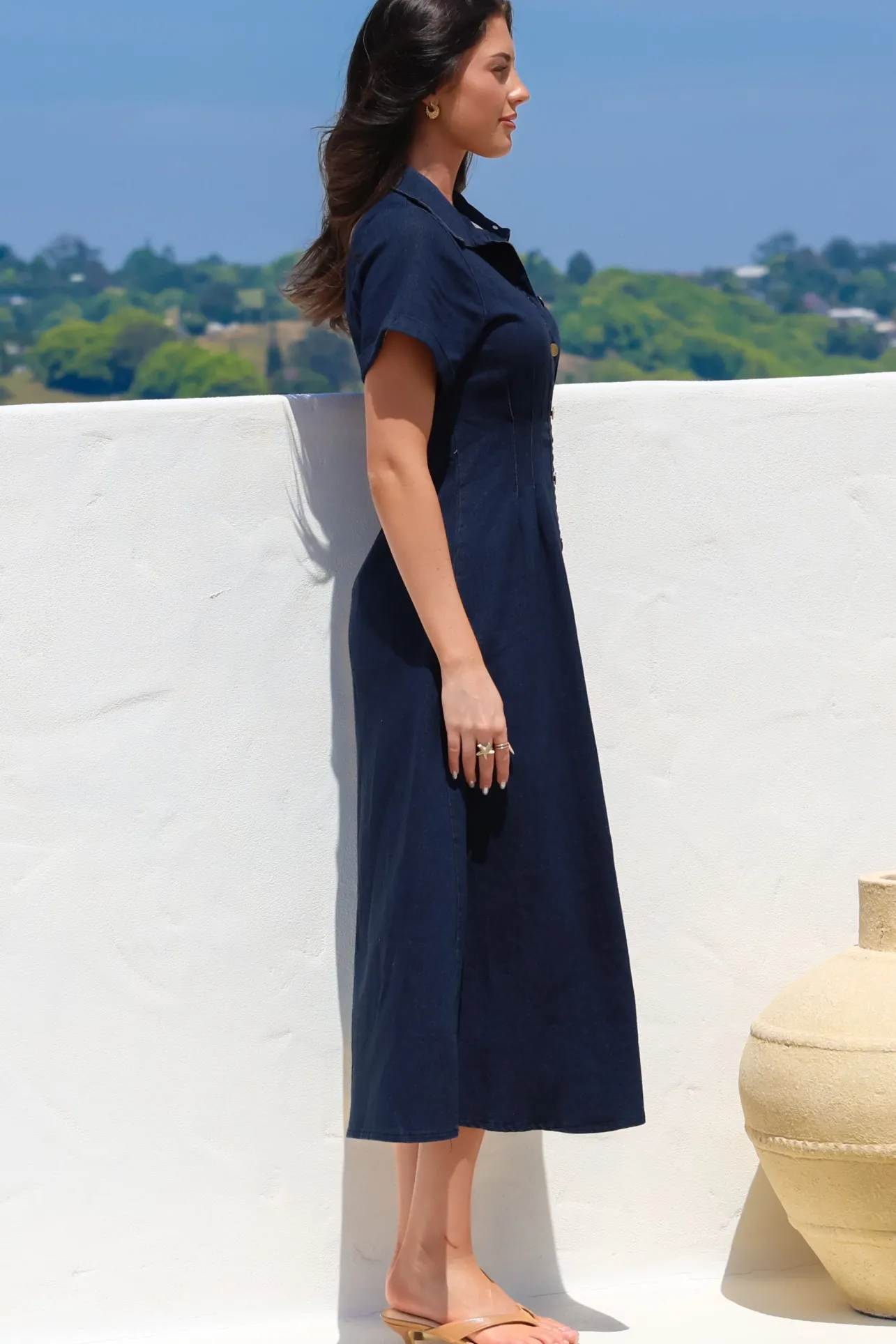 Sharlan Midi Dress - A-Line Button Detailed Denim Dress in Dark Denim>Salty Crush Clearance