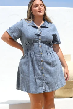 Sharlan Mini Dress - A-Line Button Detailed Denim Dress in Mid Denim Wash>Salty Crush Online