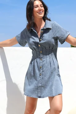 Sharlan Mini Dress - A-Line Button Detailed Denim Dress in Mid Denim Wash><noscript><img width=