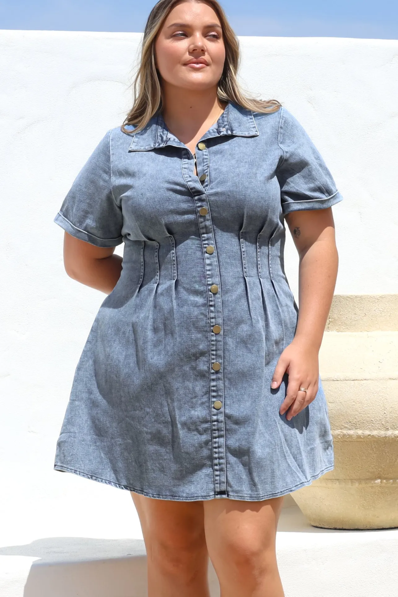 Sharlan Mini Dress - A-Line Button Detailed Denim Dress in Mid Denim Wash>Salty Crush Online
