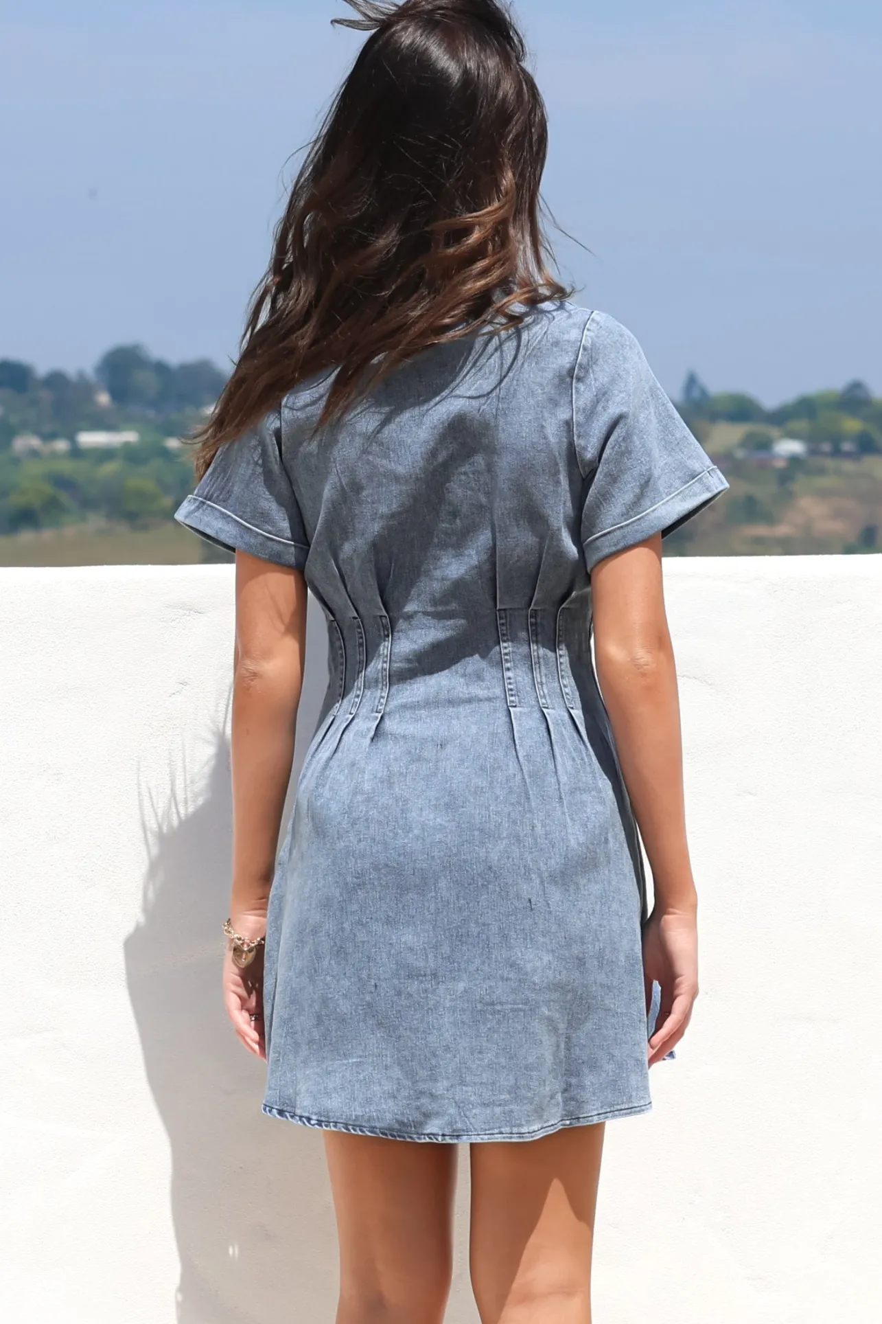 Sharlan Mini Dress - A-Line Button Detailed Denim Dress in Mid Denim Wash>Salty Crush Online