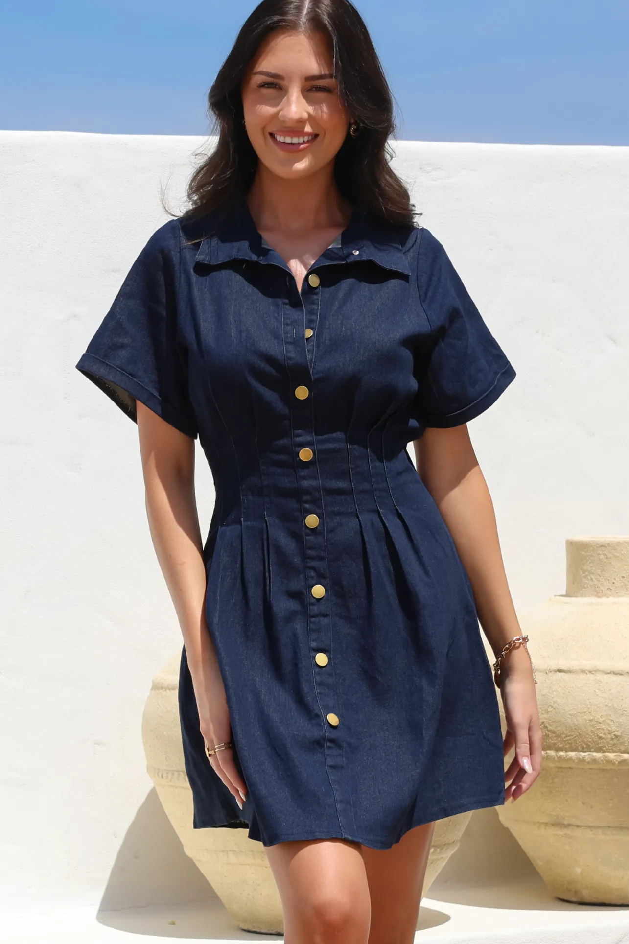 Sharlan Mini Dress - A-Line Button Detailed Denim Dress in Dark Denim>Salty Crush Sale