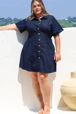 Sharlan Mini Dress - A-Line Button Detailed Denim Dress in Dark Denim><noscript><img width=