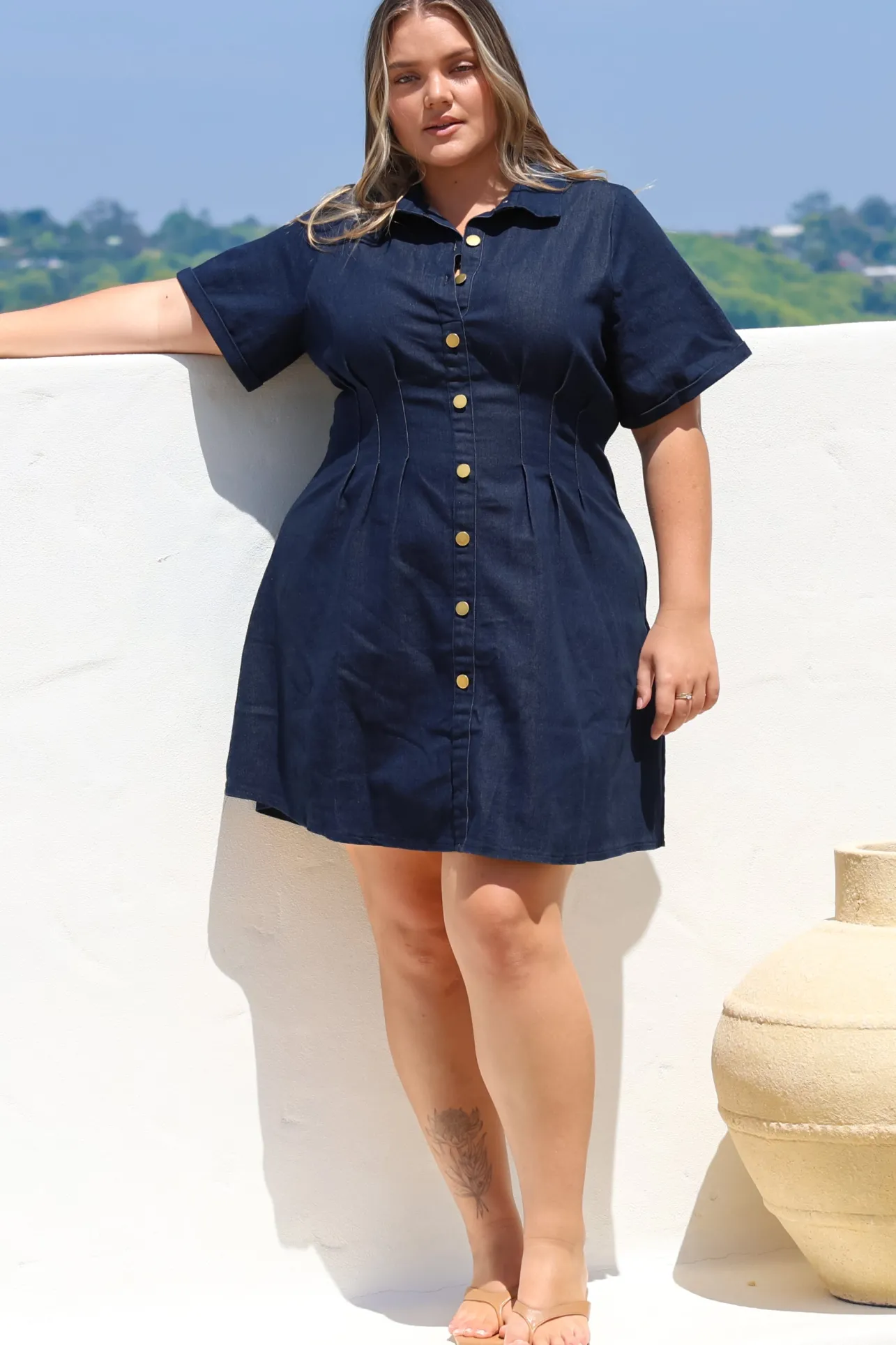 Sharlan Mini Dress - A-Line Button Detailed Denim Dress in Dark Denim>Salty Crush Sale