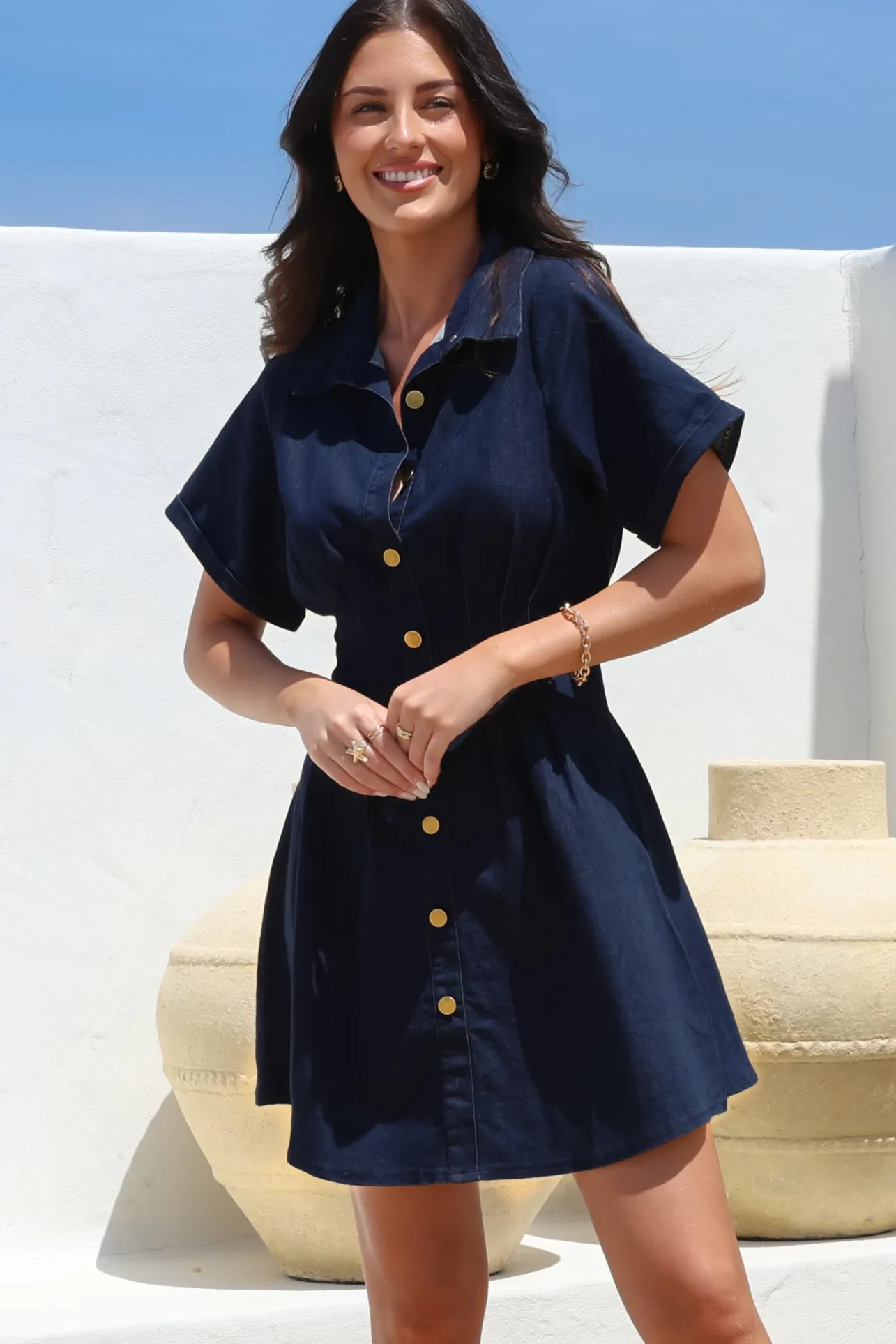 Sharlan Mini Dress - A-Line Button Detailed Denim Dress in Dark Denim>Salty Crush Sale