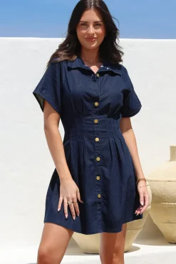 Sharlan Mini Dress - A-Line Button Detailed Denim Dress in Dark Denim><noscript><img width=