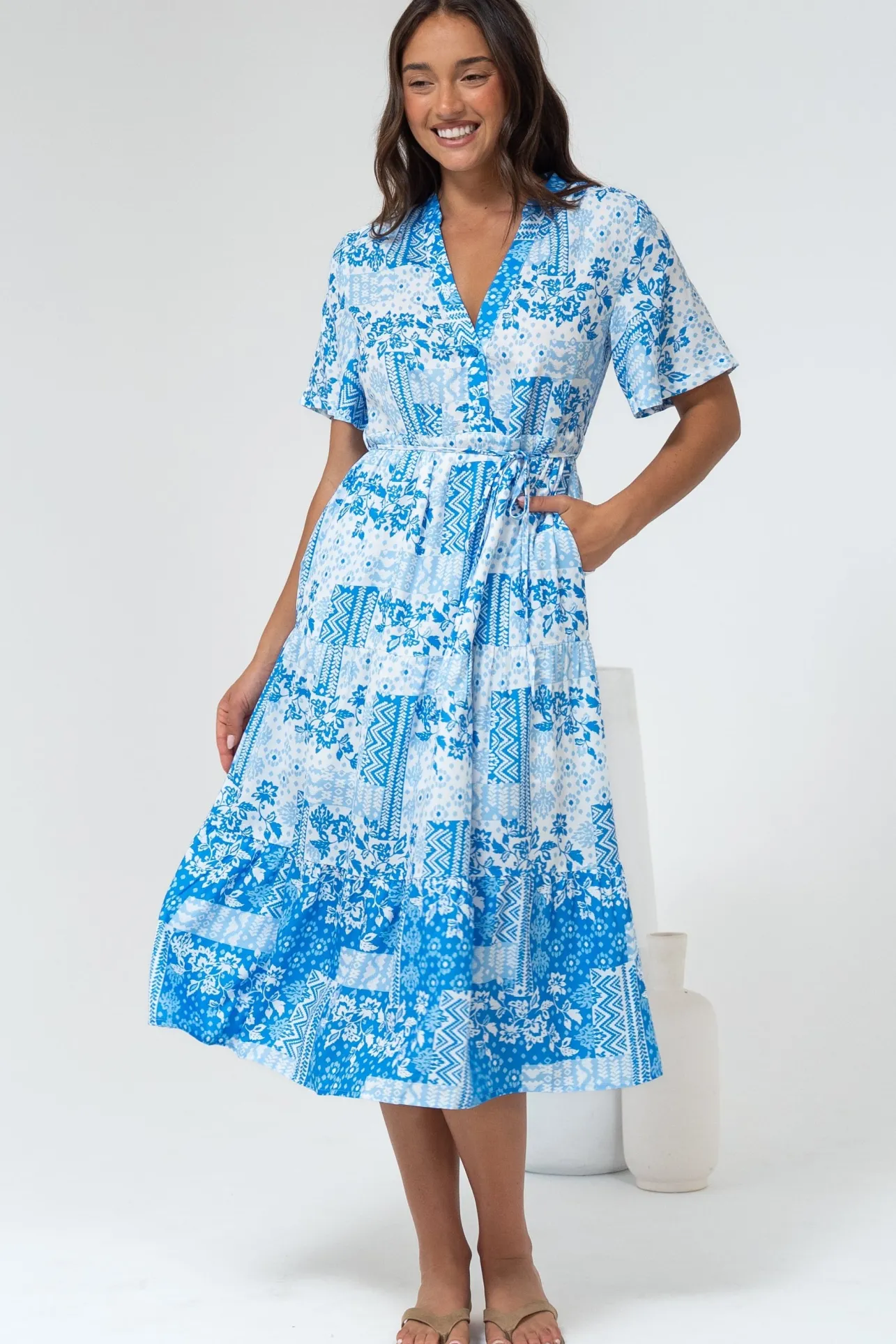 Sharni Midi Dress - V-Neck Shift Dress with Waist Tie in Hilton Print Blue>Salty Crush Online