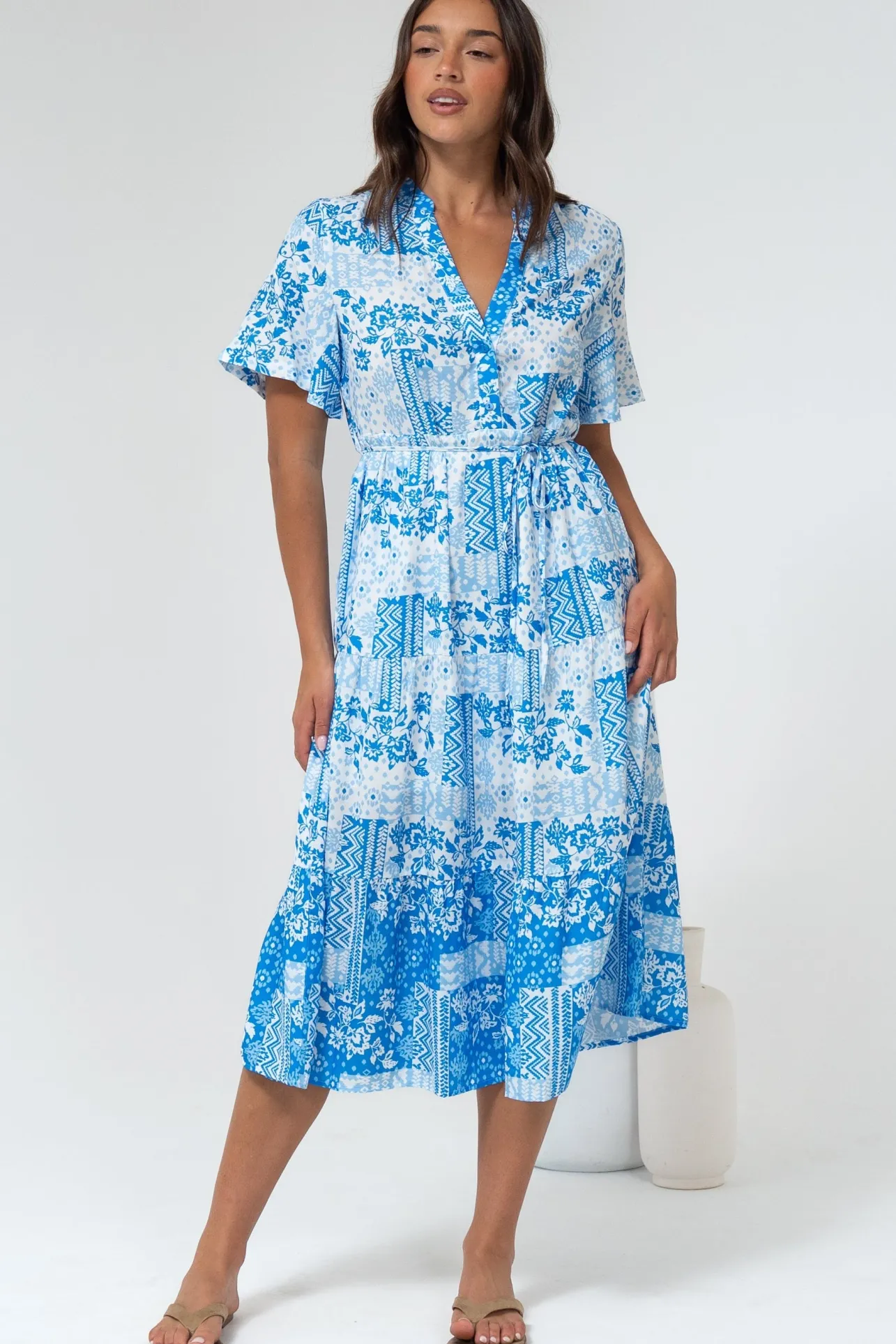 Sharni Midi Dress - V-Neck Shift Dress with Waist Tie in Hilton Print Blue>Salty Crush Online