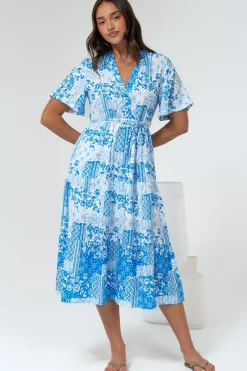 Sharni Midi Dress - V-Neck Shift Dress with Waist Tie in Hilton Print Blue><noscript><img width=