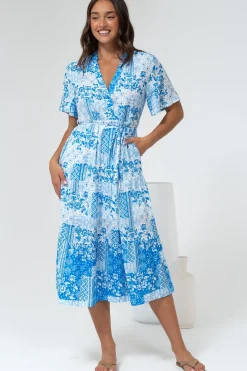 Sharni Midi Dress - V-Neck Shift Dress with Waist Tie in Hilton Print Blue><noscript><img width=