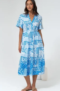 Sharni Midi Dress - V-Neck Shift Dress with Waist Tie in Hilton Print Blue><noscript><img width=