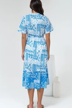 Sharni Midi Dress - V-Neck Shift Dress with Waist Tie in Hilton Print Blue><noscript><img width=