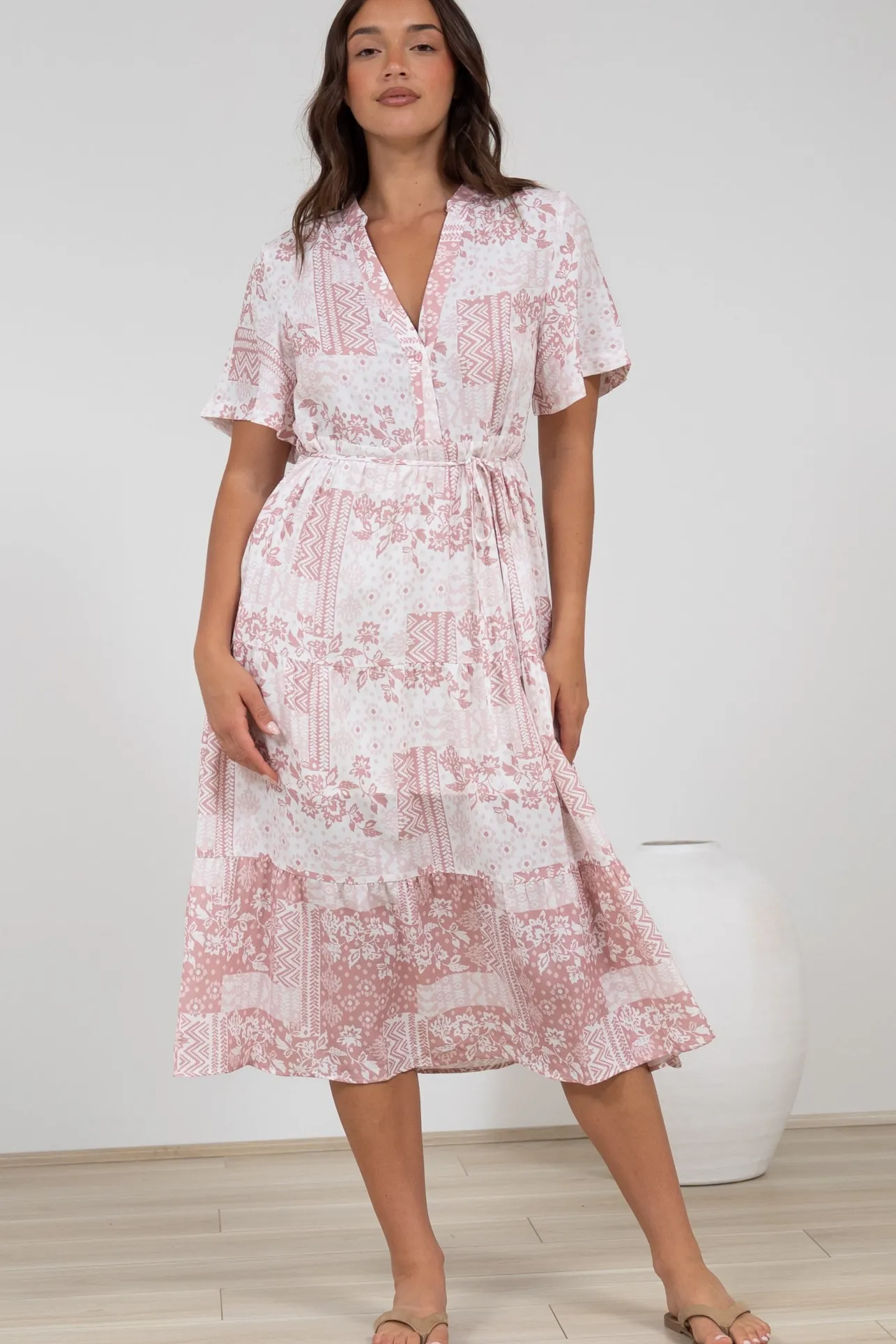 Sharni Midi Dress - V-Neck Shift Dress with Waist Tie in Hilton Print Pink>Salty Crush Clearance