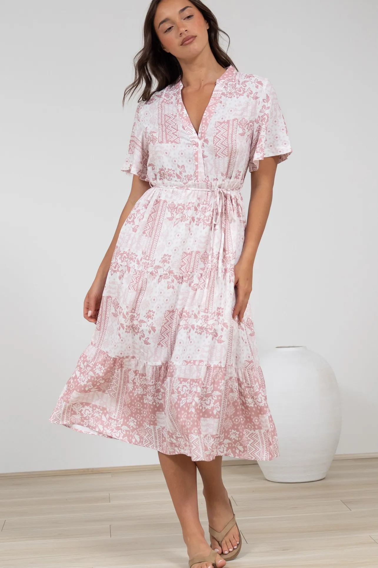 Sharni Midi Dress - V-Neck Shift Dress with Waist Tie in Hilton Print Pink>Salty Crush Clearance