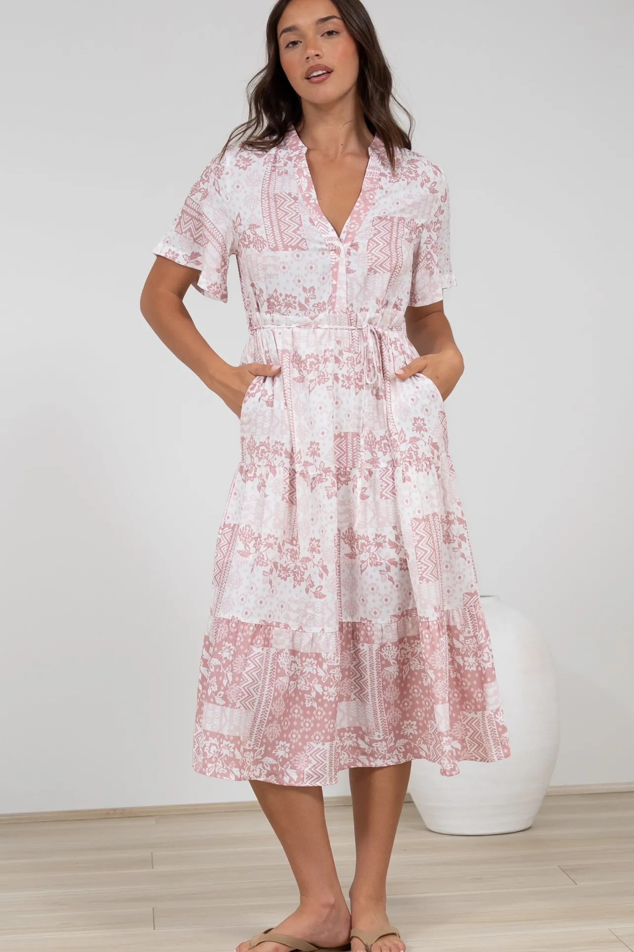 Sharni Midi Dress - V-Neck Shift Dress with Waist Tie in Hilton Print Pink>Salty Crush Clearance