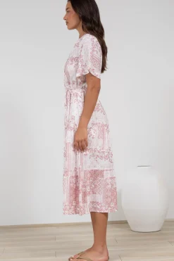 Sharni Midi Dress - V-Neck Shift Dress with Waist Tie in Hilton Print Pink><noscript><img width=