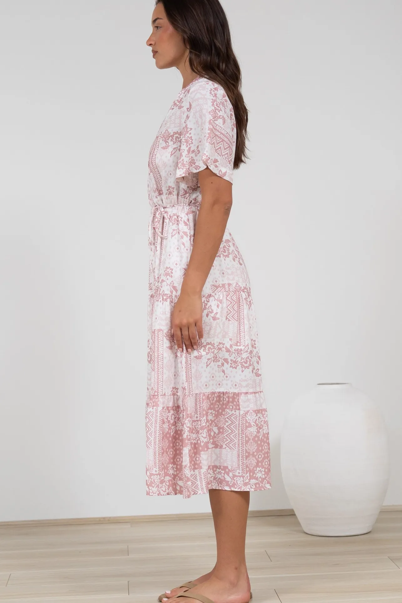 Sharni Midi Dress - V-Neck Shift Dress with Waist Tie in Hilton Print Pink>Salty Crush Clearance