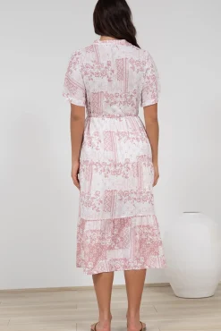 Sharni Midi Dress - V-Neck Shift Dress with Waist Tie in Hilton Print Pink><noscript><img width=