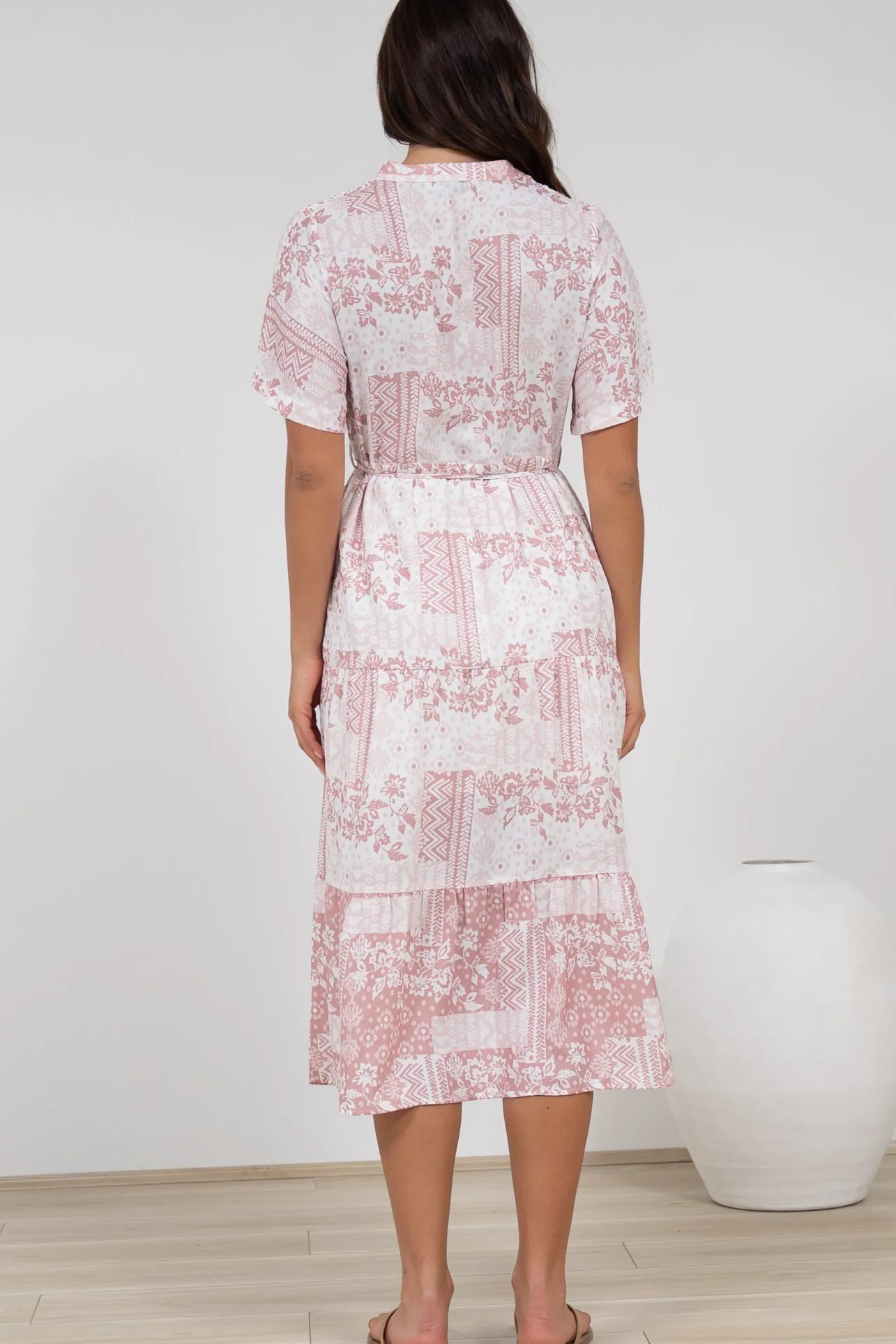 Sharni Midi Dress - V-Neck Shift Dress with Waist Tie in Hilton Print Pink>Salty Crush Clearance