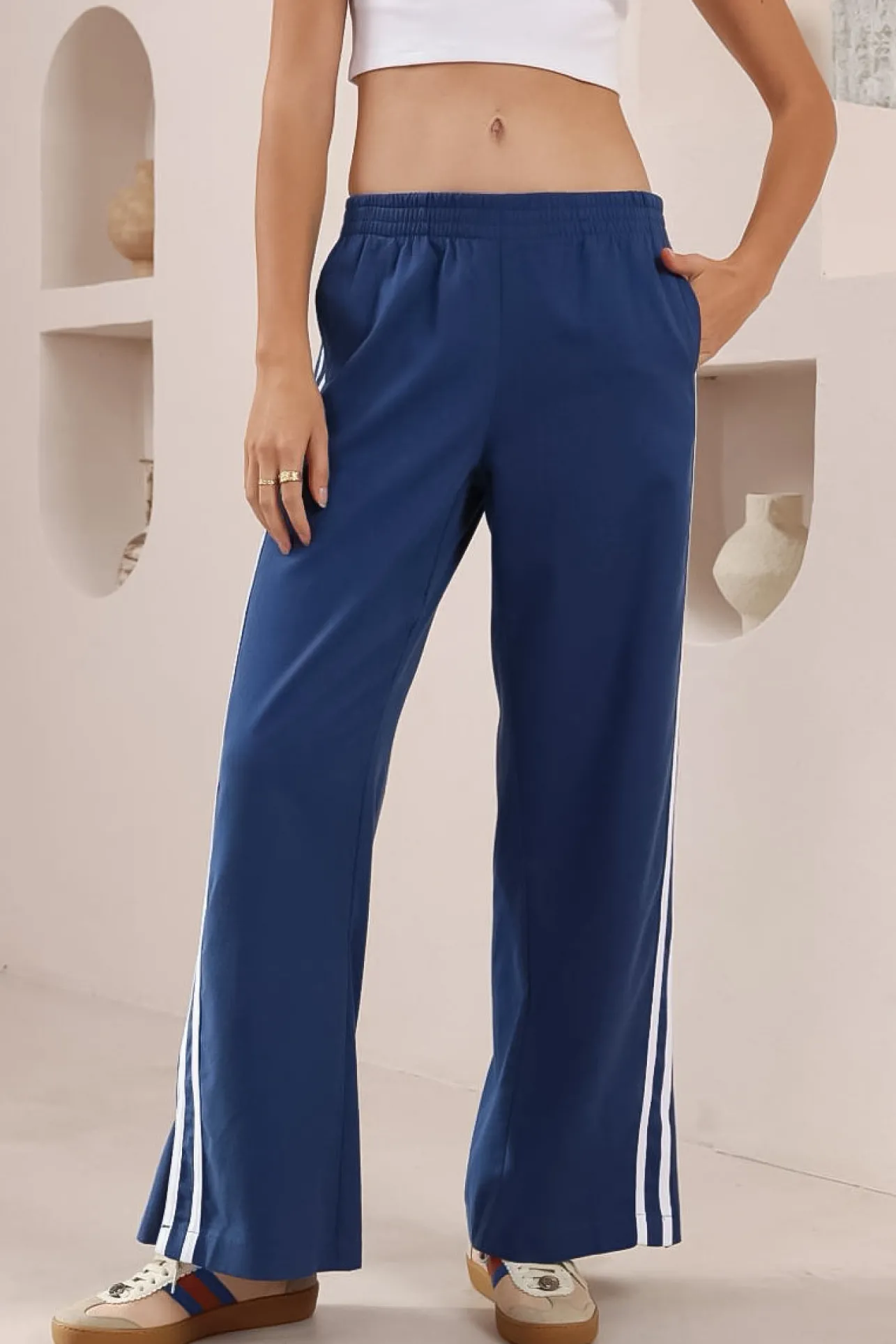 Shaw Pants - Double Contrast Stripe High Waisted Pants in Blue>Salty Crush Clearance