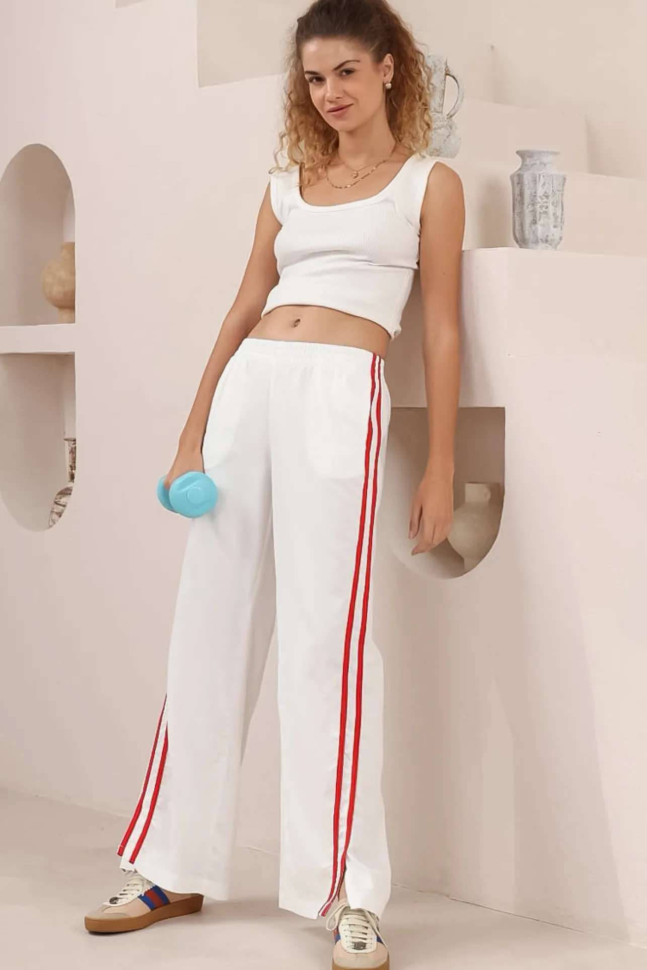 Shaw Pants - Double Contrast Stripe High Waisted Pants in White>Salty Crush Best