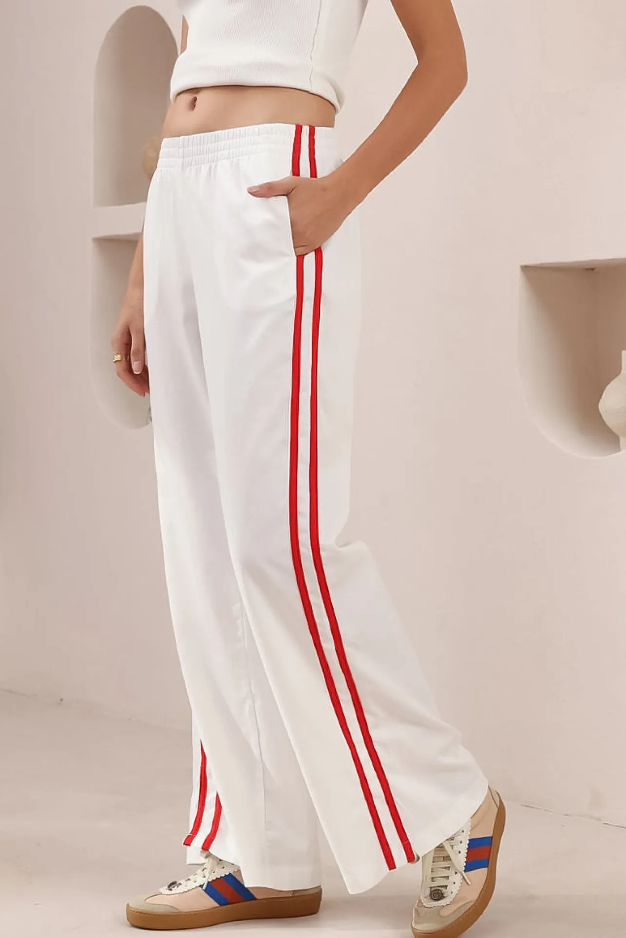 Shaw Pants - Double Contrast Stripe High Waisted Pants in White>Salty Crush Best