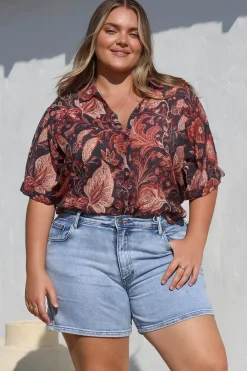 Shelly Shirt - Collared Button Down Shirt in Narah Print>Salty Crush Best