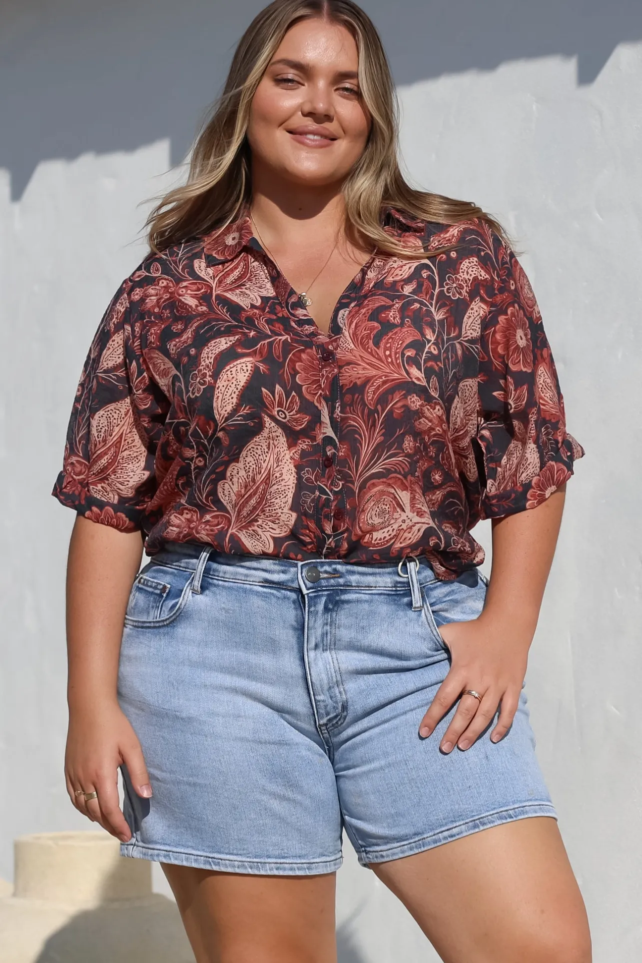 Shelly Shirt - Collared Button Down Shirt in Narah Print>Salty Crush Best