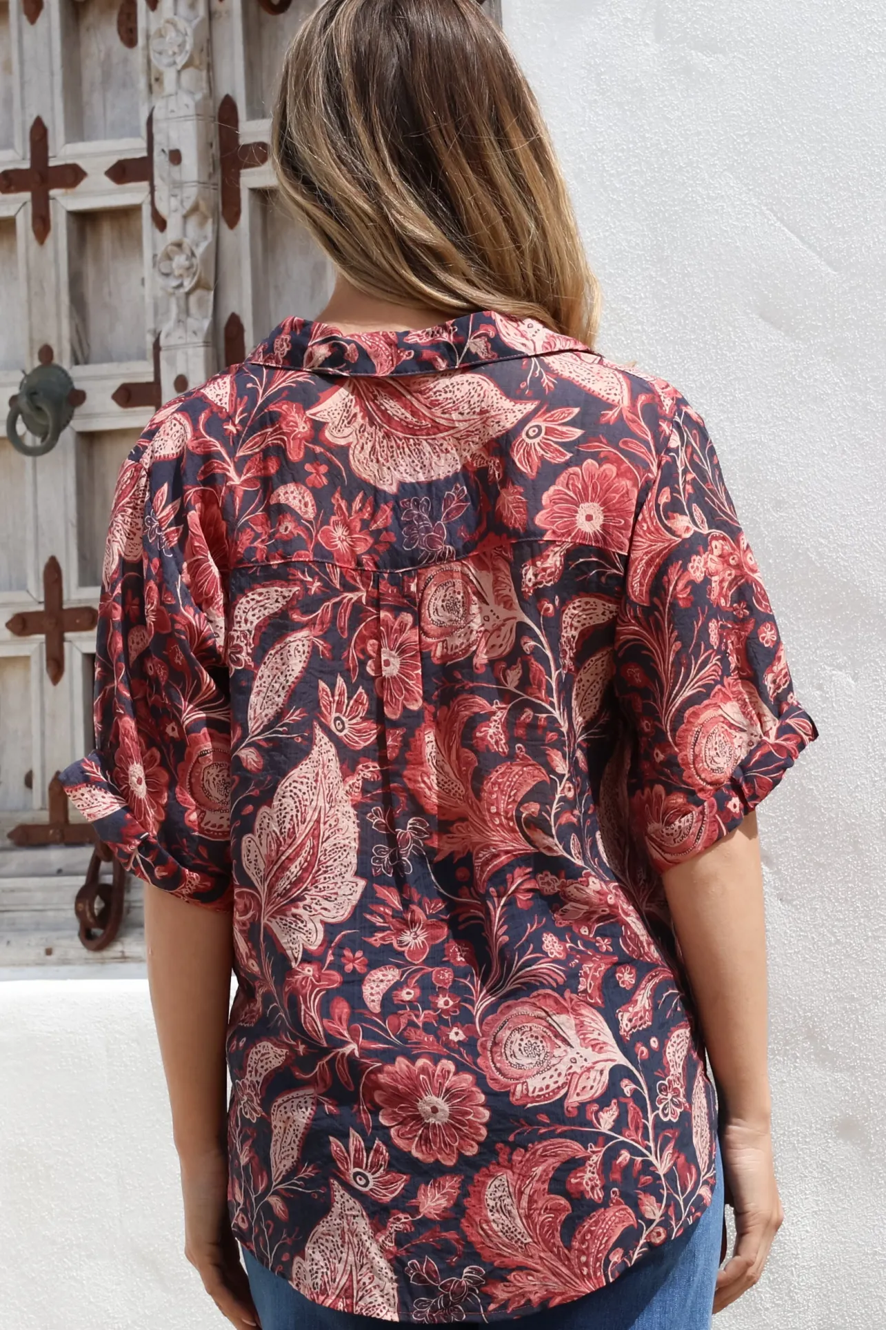 Shelly Shirt - Collared Button Down Shirt in Narah Print>Salty Crush Best
