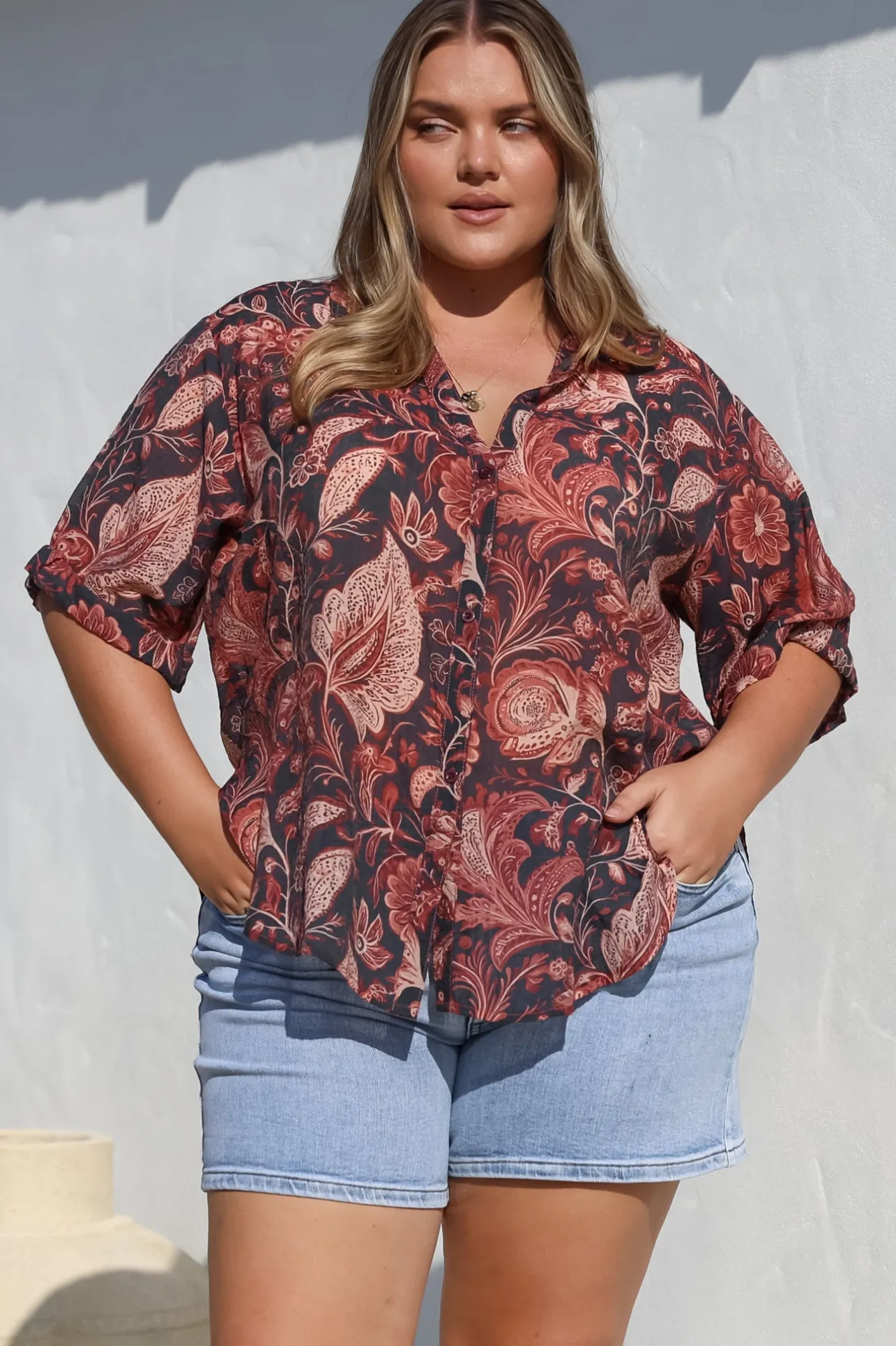 Shelly Shirt - Collared Button Down Shirt in Narah Print>Salty Crush Best