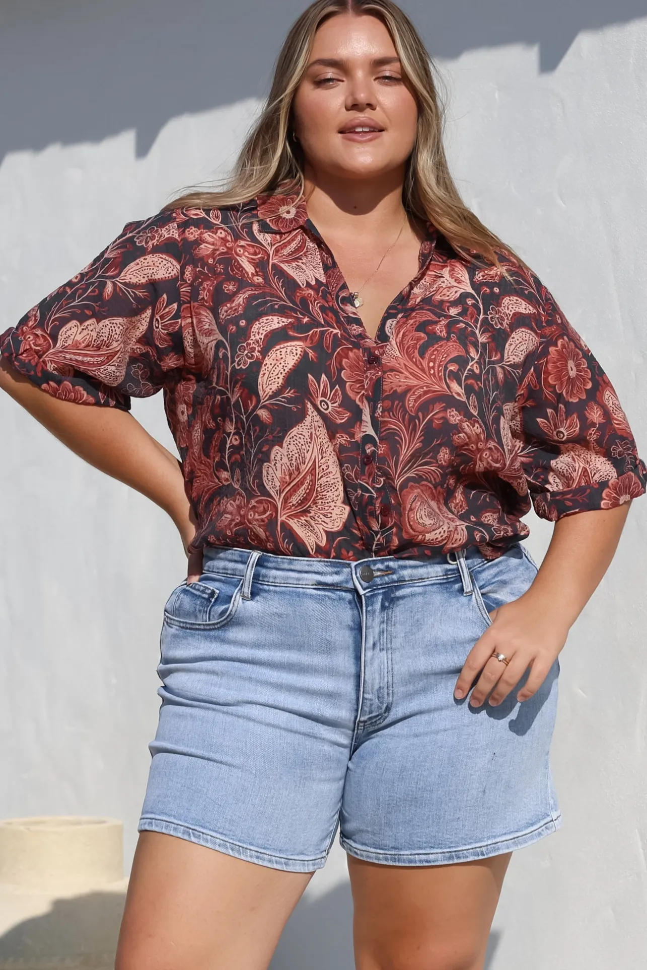Shelly Shirt - Collared Button Down Shirt in Narah Print>Salty Crush Best